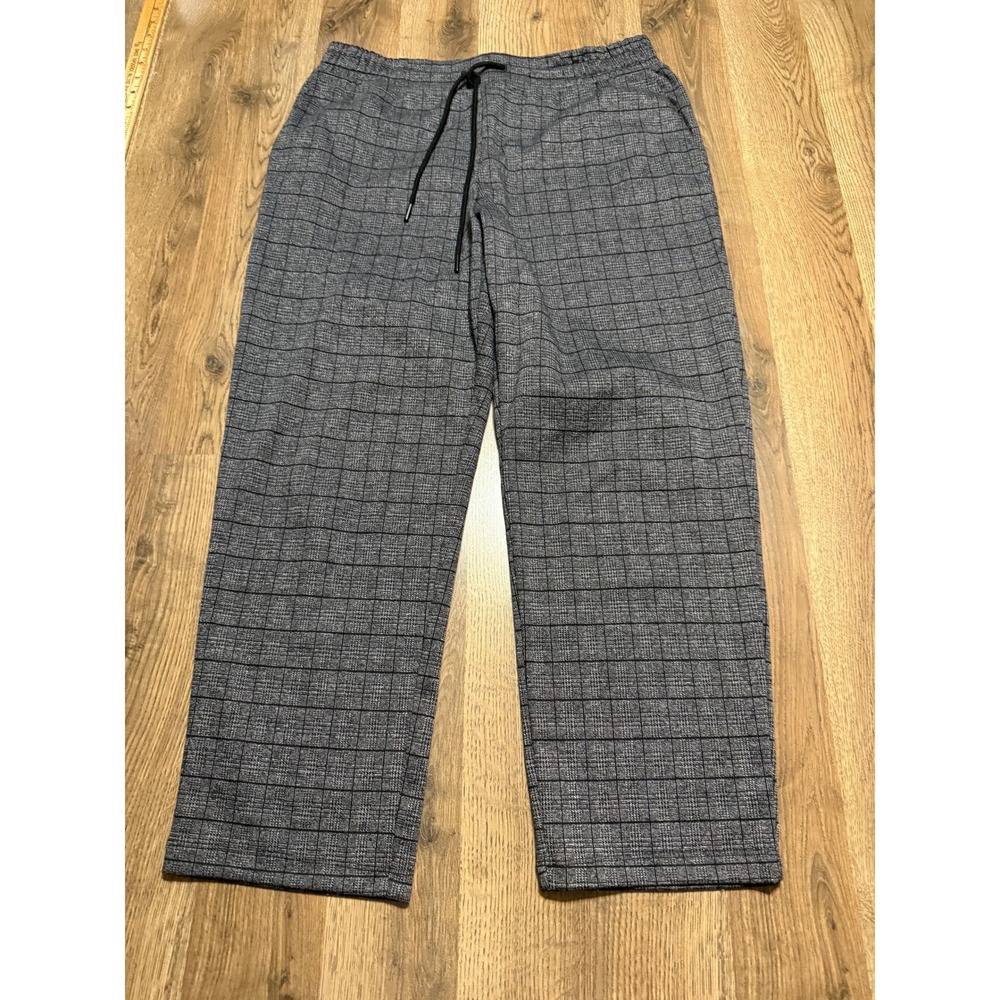 A New Day Pants Women Size M Gray Ankle Grid Print Drawstring Elastic Waist